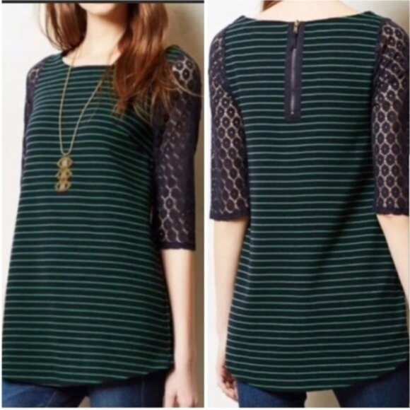 Postmark Green Navy Striped Tunic with Lace Elbow Sleeves Large - Picture 3 of 6